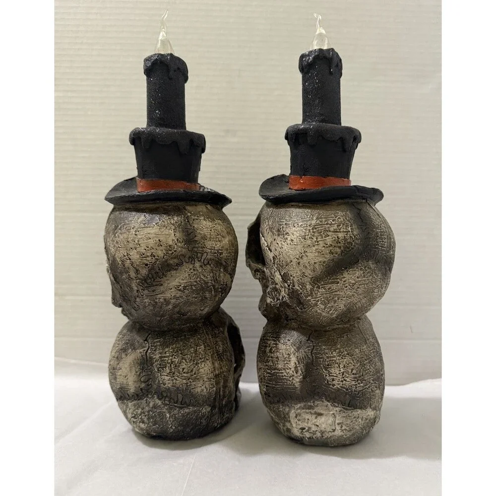 Pair Of Stacked Skull Red Eyes Candles Gothic Decor Resin 13” Old Time Pottery